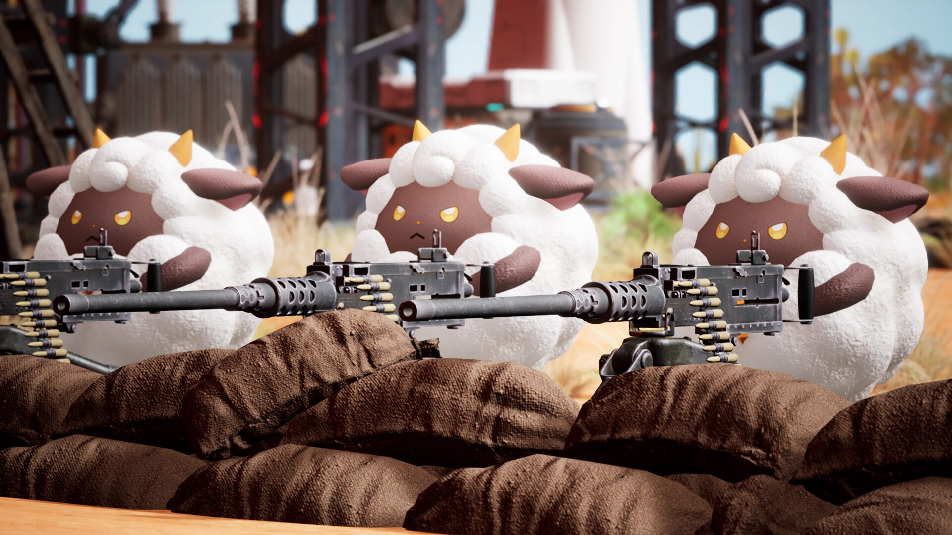 Official Palworld Steam still — three Lamballs manning machine guns behind sandbags at a base perimeter