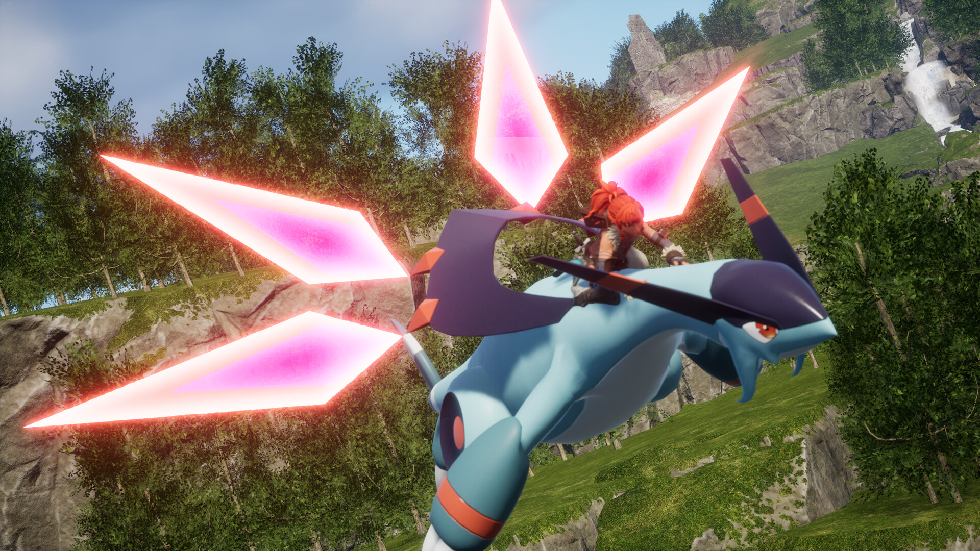Official Palworld Steam still — player riding Jetragon over green hills with a waterfall and ruins in the distance