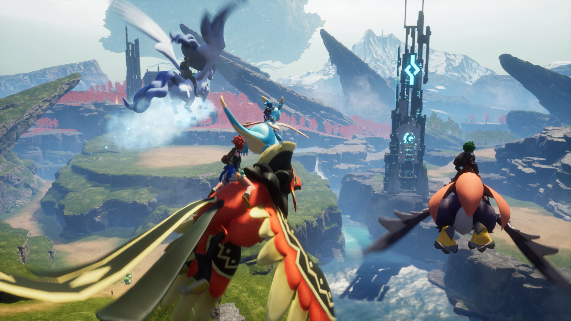 Official Palworld Steam still — riders on flying Pals overlooking a Rayne Syndicate tower and distant World Tree silhouette