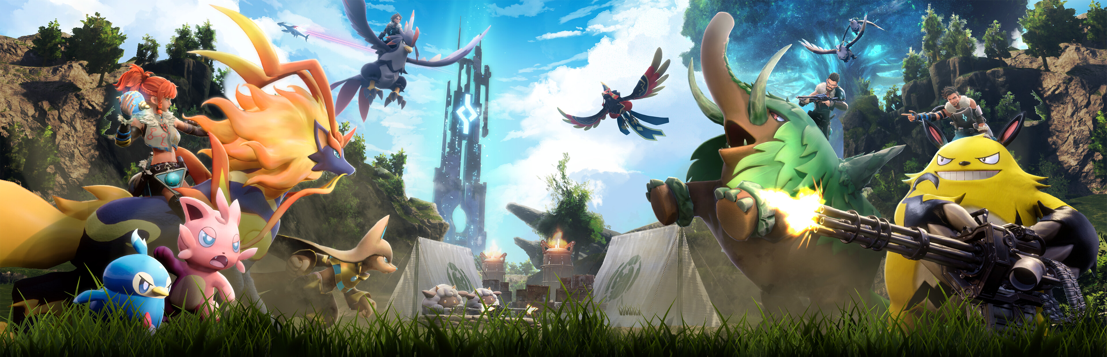 Official Palworld Steam library hero — Grizzbolt with a minigun, Lamballs at camp, and a Rayne Syndicate tower under clear sky