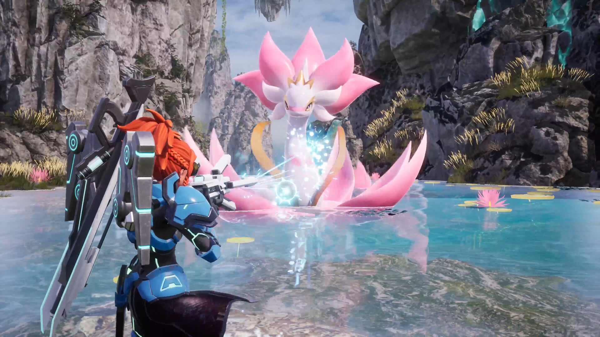 Official Palworld Steam still — armored player aiming a rifle at Lyleen in a turquoise mountain lake