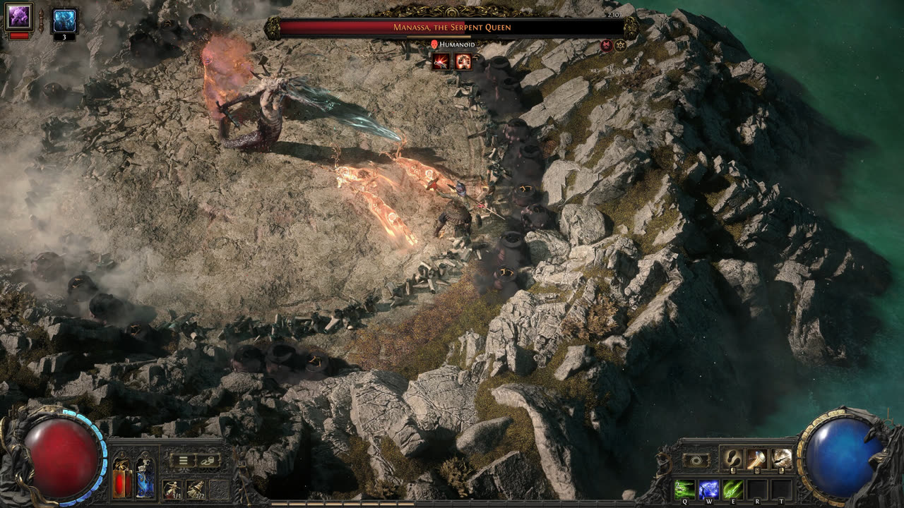 Path of Exile 2 Steam screenshot — Druid facing Manassa, the Serpent Queen on a coastal cliff arena