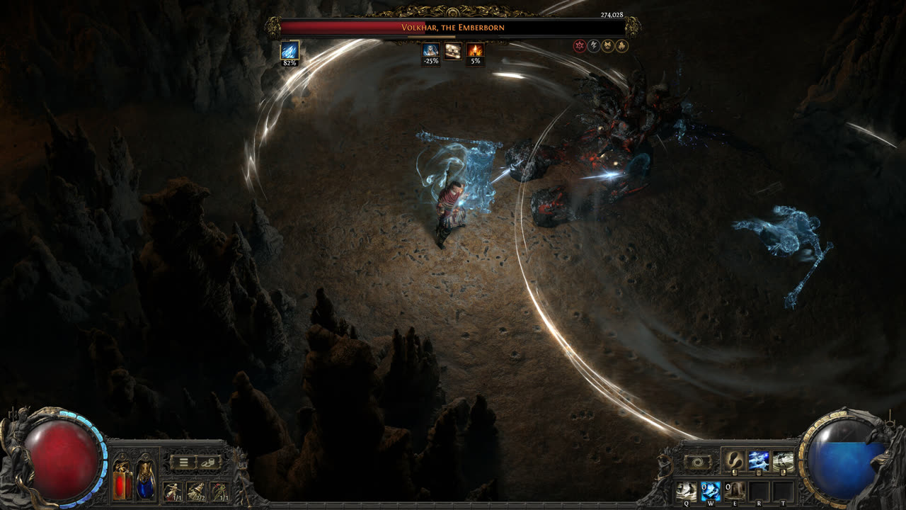 Path of Exile 2 Steam screenshot — caster fighting Volkhar, the Emberborn in a cavern arena with spectral summons
