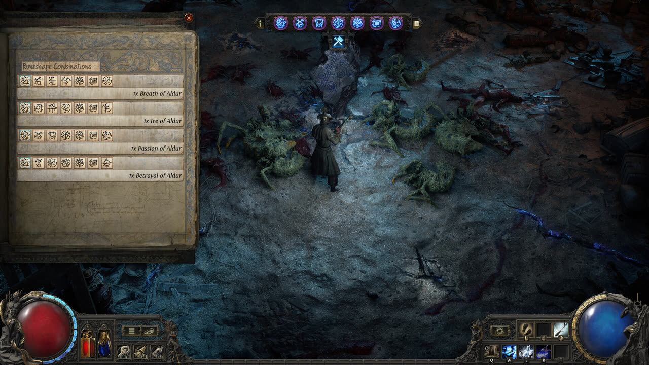 Path of Exile 2 Steam screenshot — Runeshape Combinations journal open beside a glowing Verisium remnant pillar
