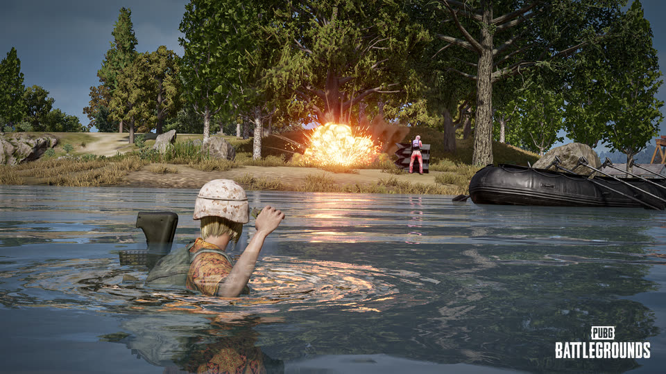 Official PUBG Update 43.1 still — operator using a sidearm while floating on the water surface