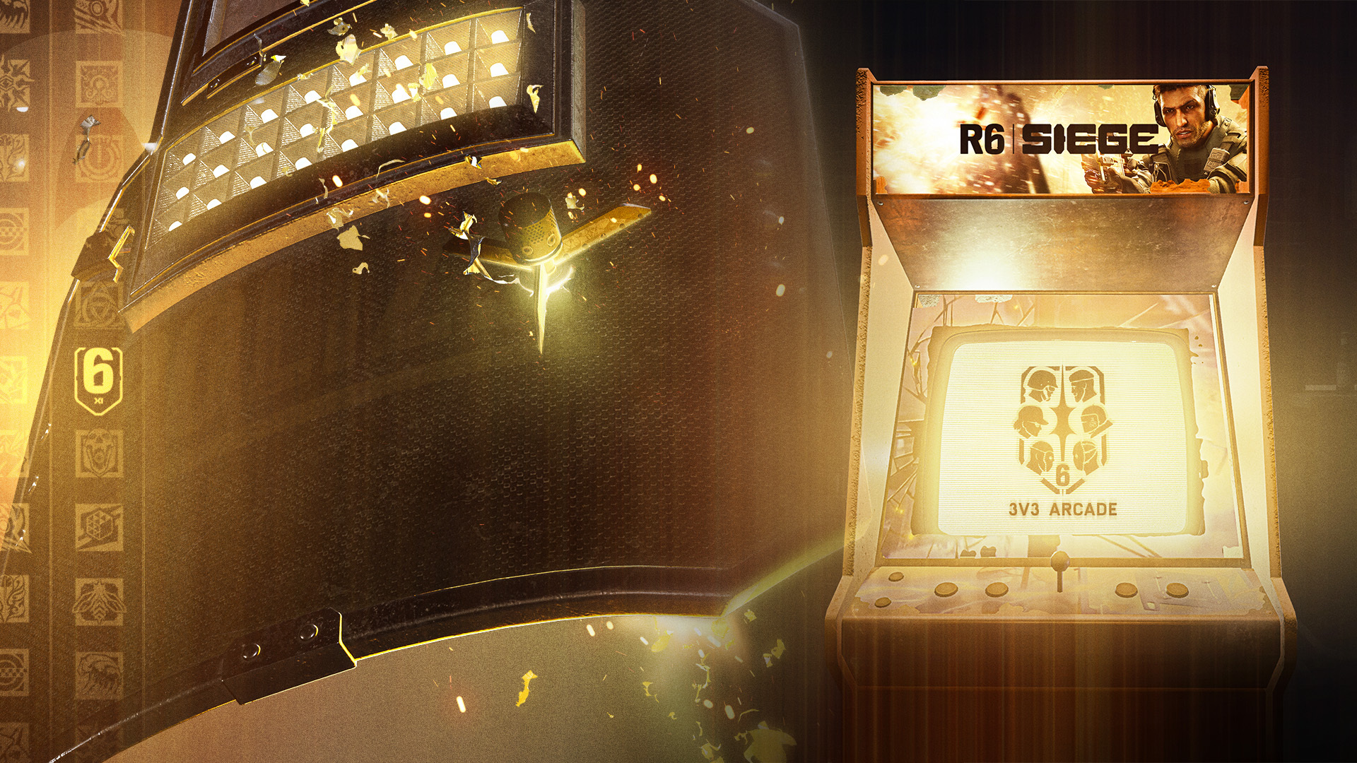 Official Rainbow Six Siege Operation Split Fire key art — operators in a dieselpunk wasteland setting under orange dusk light