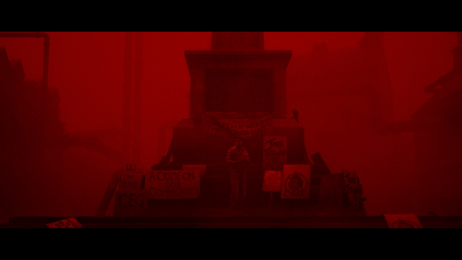 Official SILENT HILL: Townfall Steam still — red-fog town square with protest signs around a stone monument
