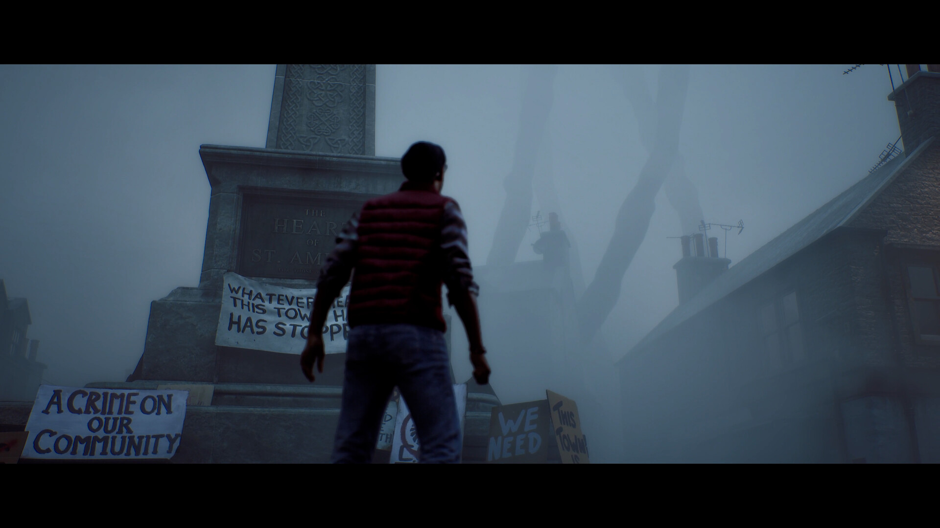 Official SILENT HILL: Townfall Steam still — Simon at a St. Amelia monument with protest signs under fog