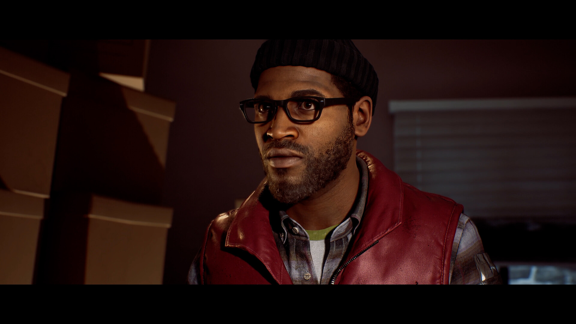 Official SILENT HILL: Townfall Steam still — close-up of Simon indoors among stacked boxes
