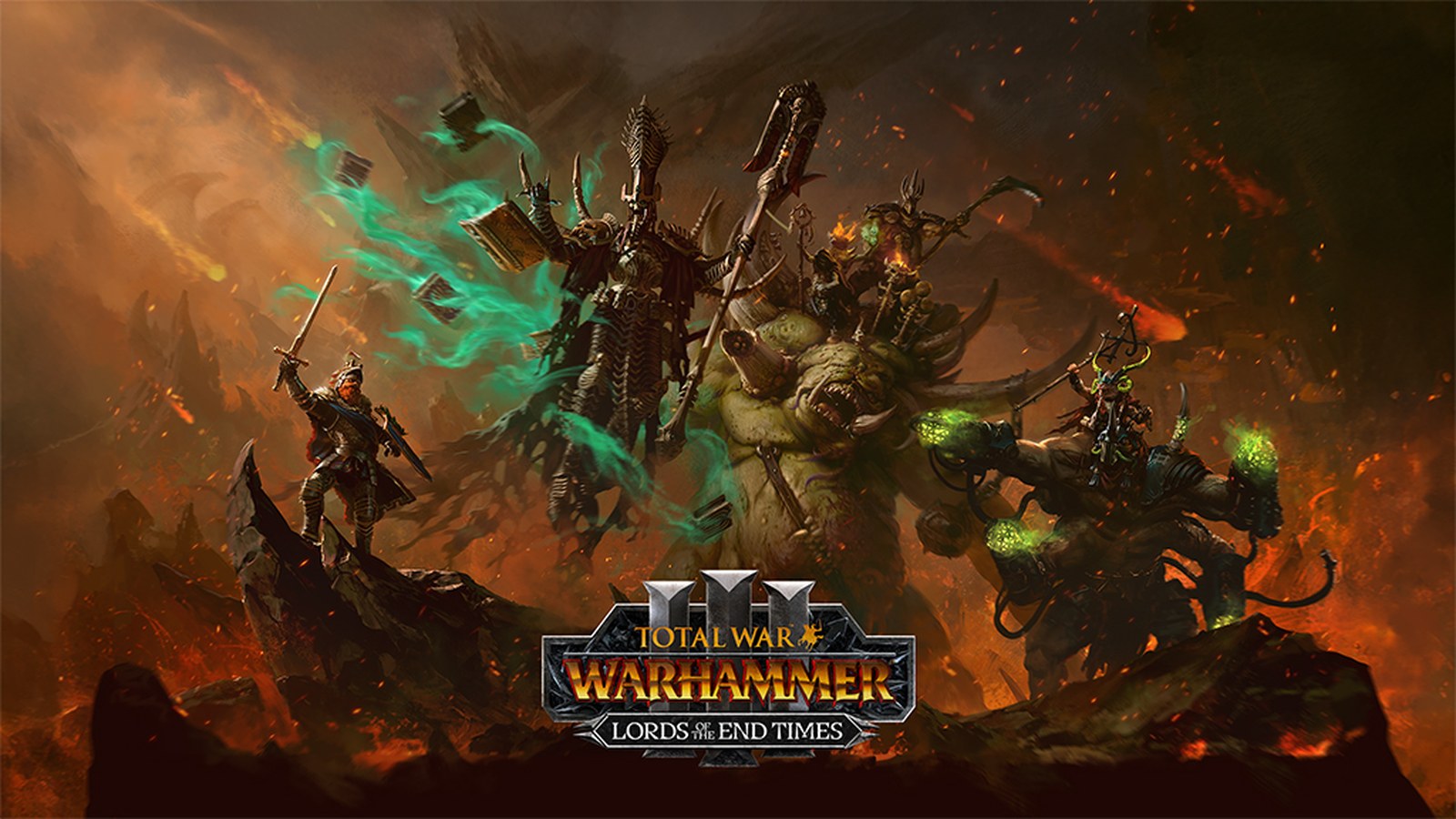 Official Total War: WARHAMMER III Lords of the End Times key art — End Times lords arrayed across a ruined battlefield
