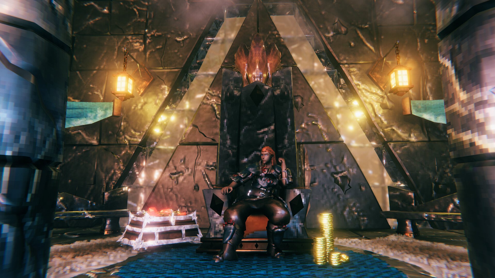 Official Valheim Steam still — armored Viking on a stone throne beside a gem chest and coin stacks in a lit hall