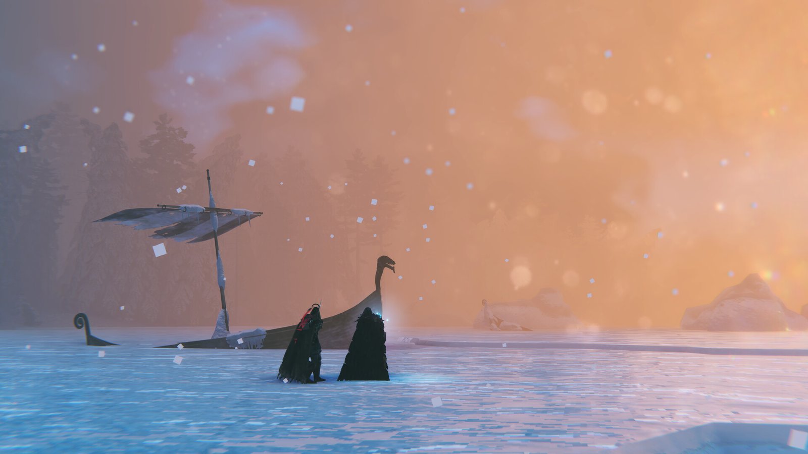 Official Valheim Steam still — two cloaked Vikings on a frozen shore beside a damaged longship in blizzard light