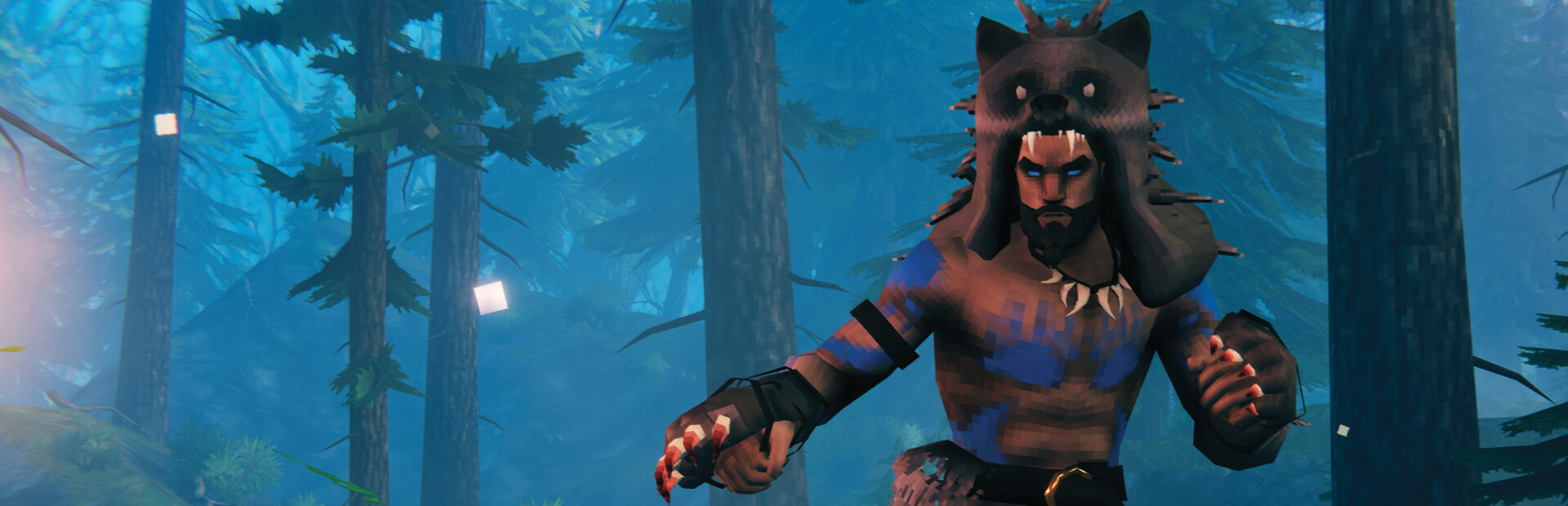 Official Valheim Steam still — Viking in wolf hood with blue war paint standing in misted evergreen forest