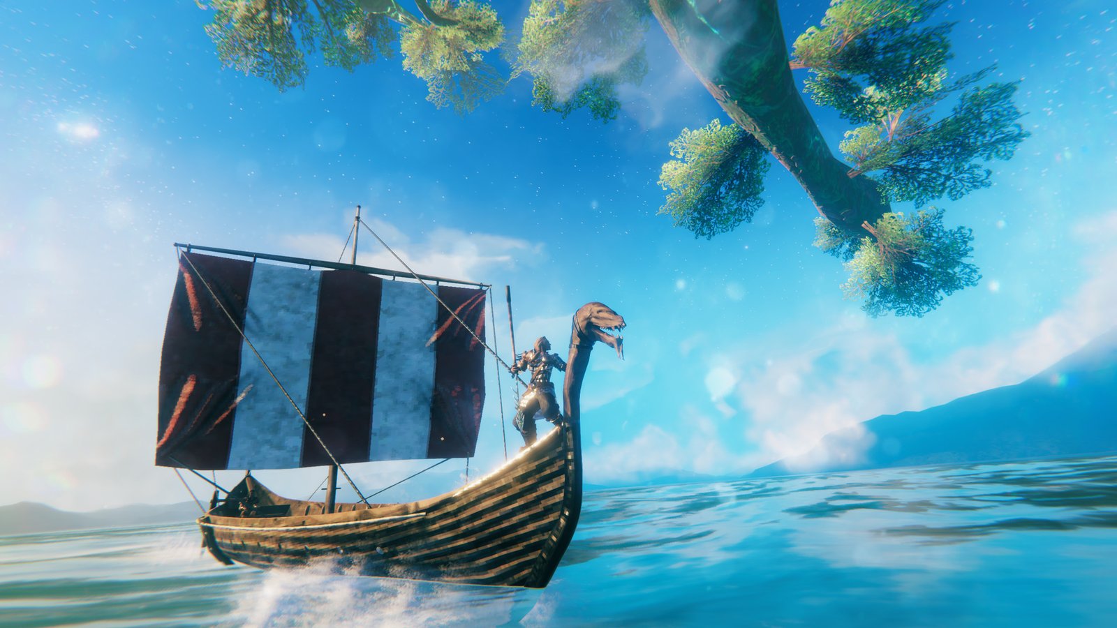 Official Valheim Steam still — Viking longship under a clear sky with Yggdrasil branch overhead