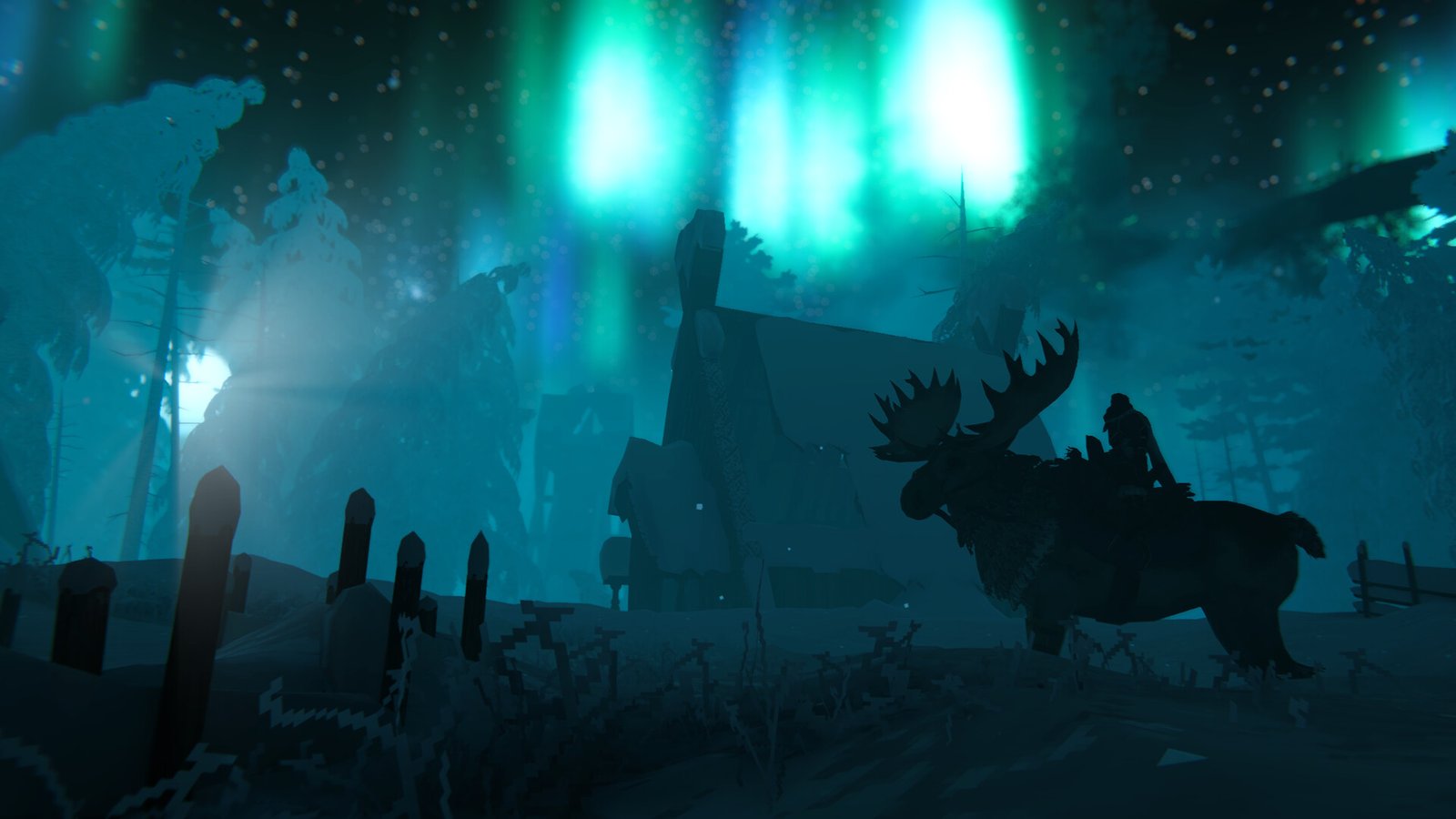 Official Valheim Steam still — rider on a moose under northern lights beside a snowed-in cabin