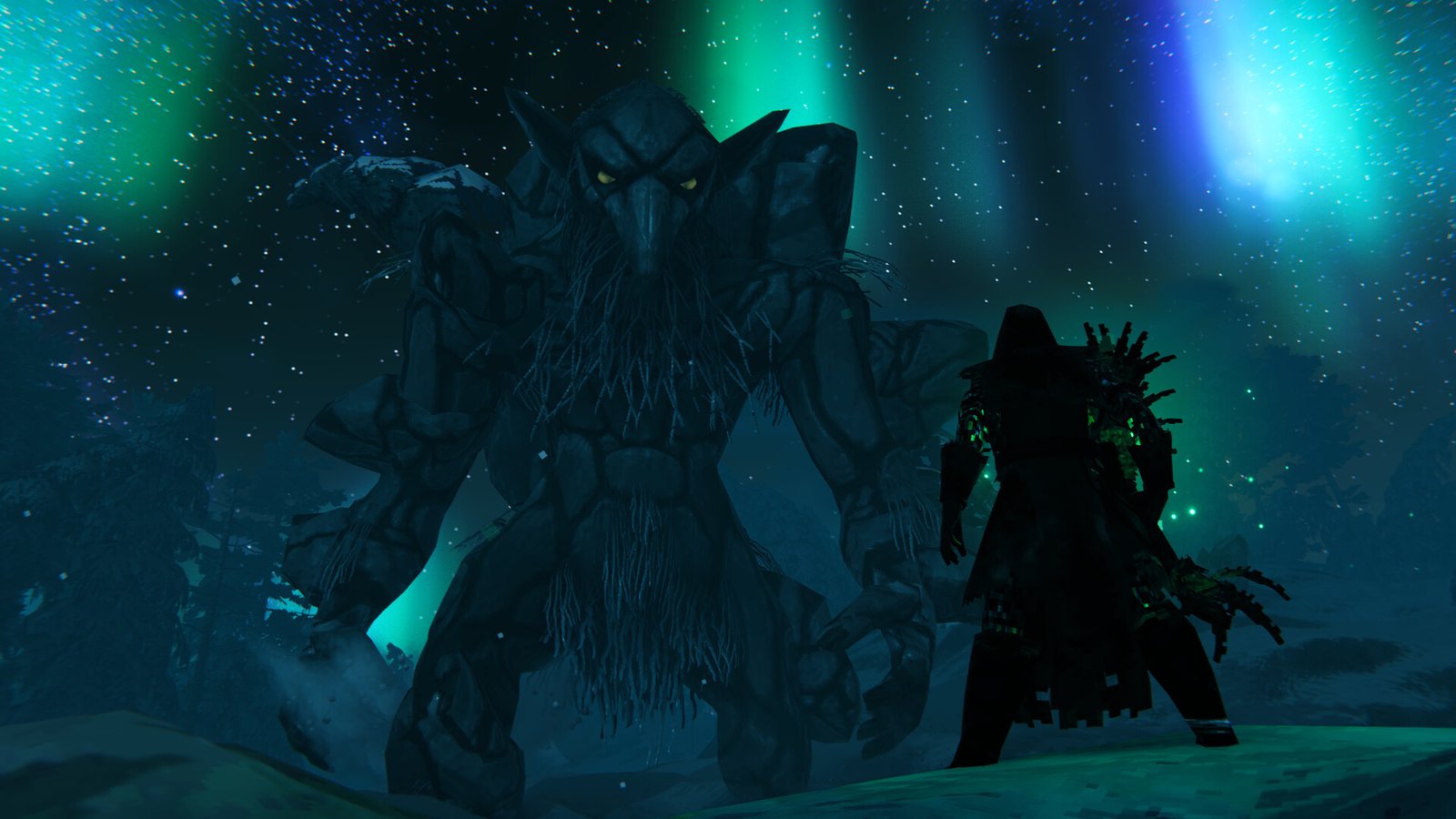 Official Valheim Steam still — armored Viking facing a towering stone golem under aurora in deep snow