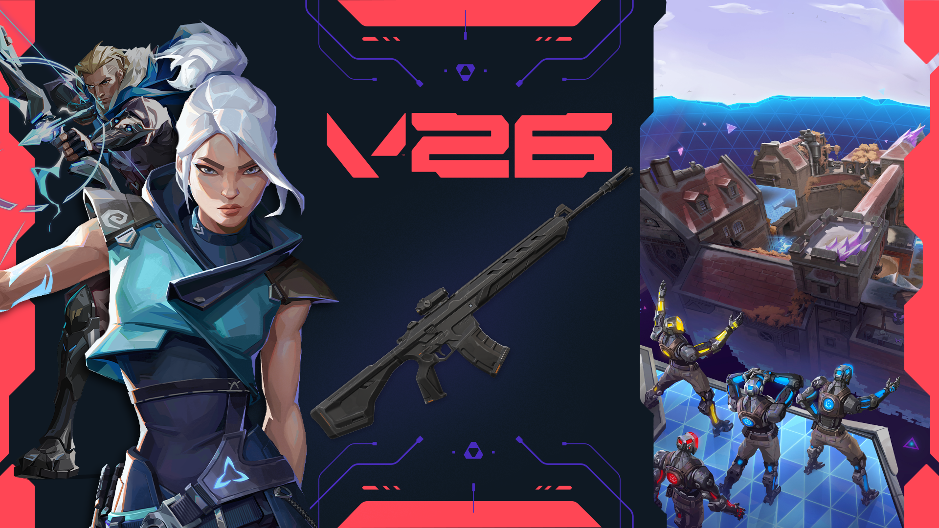 Official VALORANT Patch 13.06 key art — Jett and Sova with V26 mark, Warden rifle, Gauntlet: Glitched bots