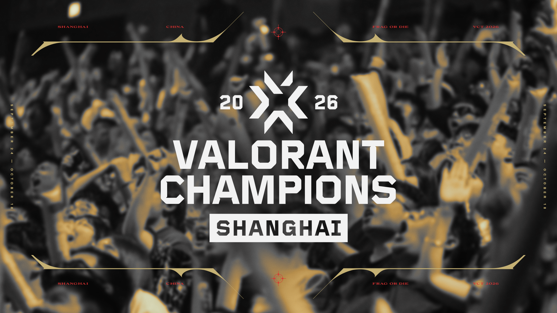 Official VALORANT Champions Shanghai 2026 key art — white Champions Shanghai title and logo over a blurred arena crowd with gold cheering sticks