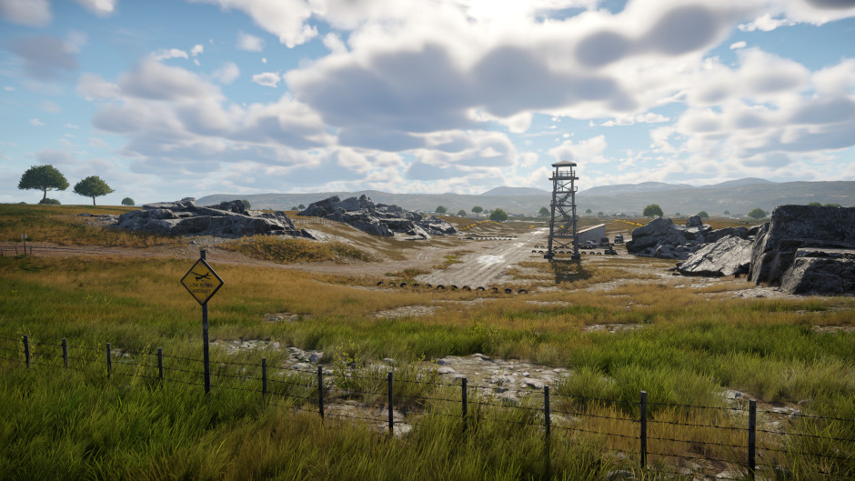 Official War Thunder Darwin Hill Ground Battles map still — open Falklands-inspired plains with cover and an airfield