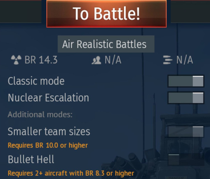 Official War Thunder hangar UI — To Battle dropdown showing permanent Nuclear Escalation, Naval Enduring Confrontation, and Bullet Hell submodes