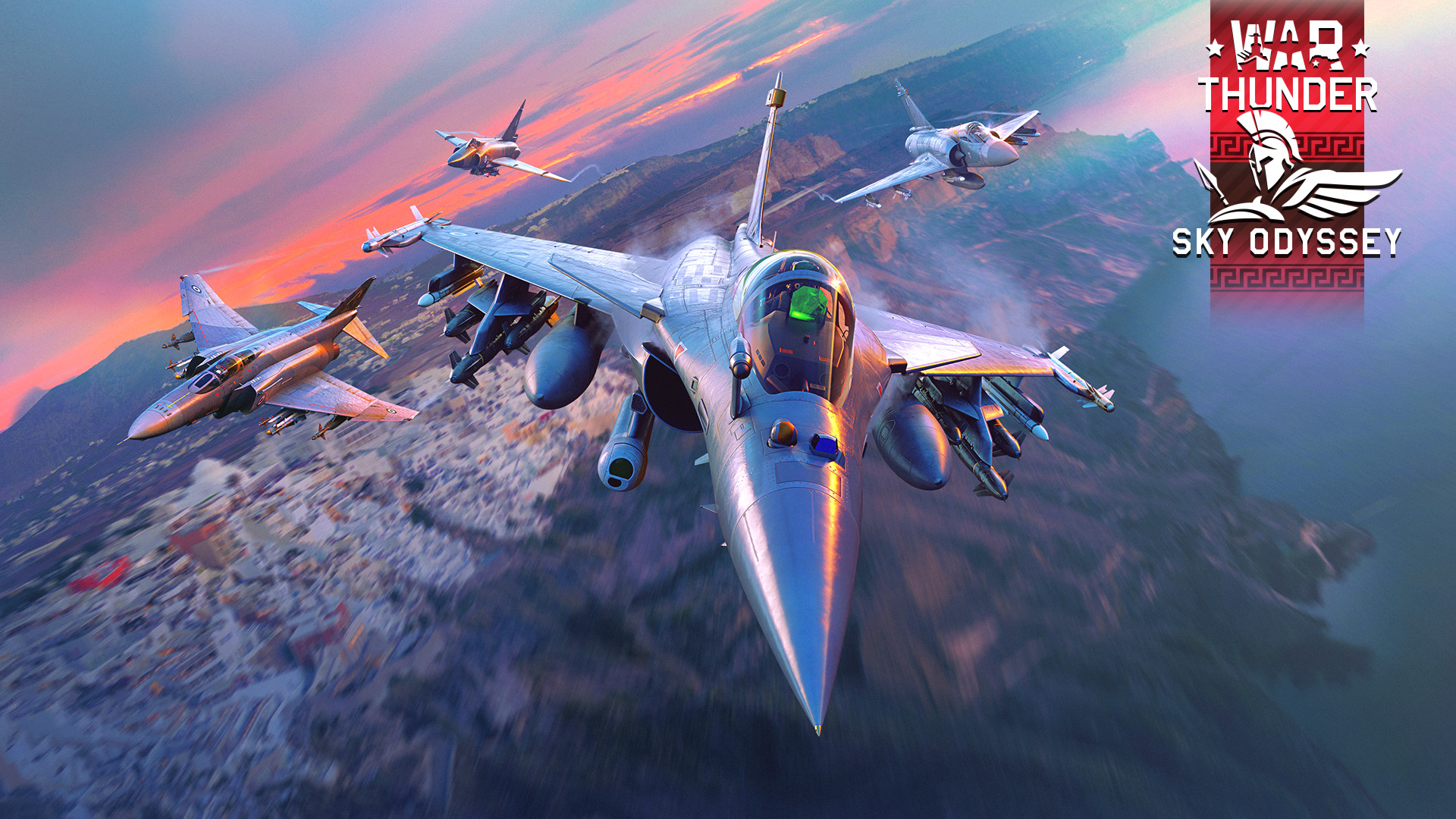 Official War Thunder Sky Odyssey wallpaper — jet formation over storm clouds with Sky Odyssey logo lockup