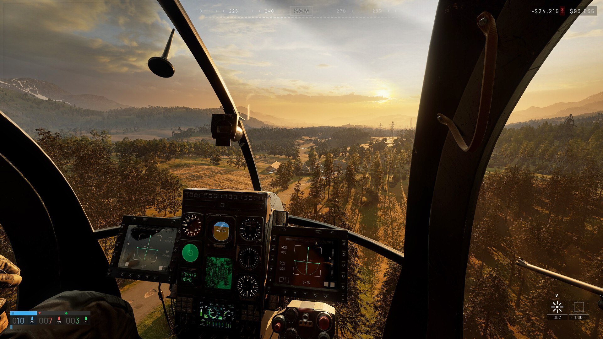 Official WARDOGS Steam still — first-person helicopter cockpit over a forested valley with cash and squad HUD