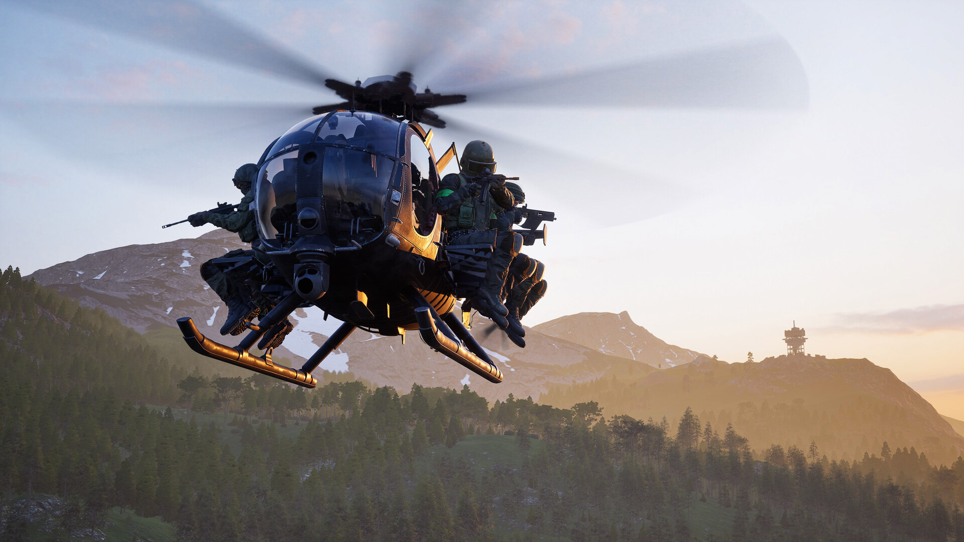 Official WARDOGS Steam still — operators riding a light scout helicopter over forested mountains at golden hour