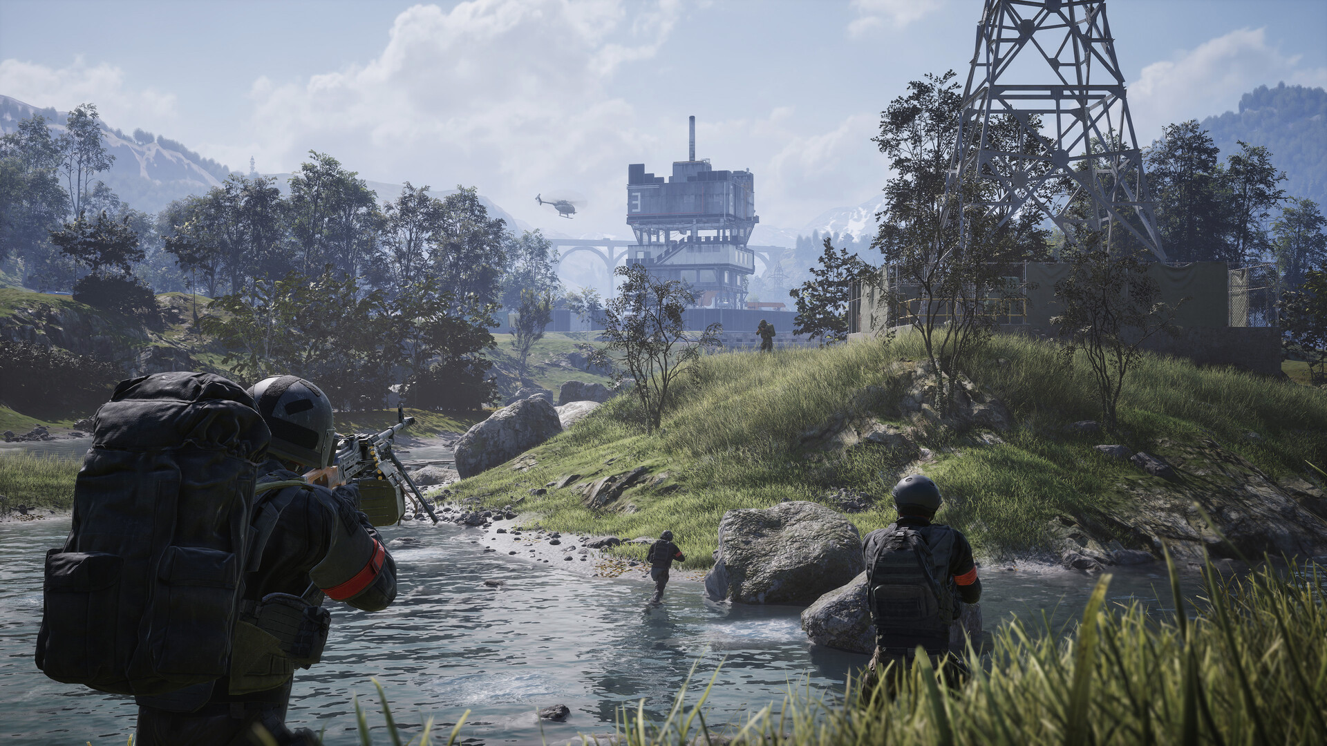 Official WARDOGS Steam still — orange-armband squad advancing on an industrial facility marked 3 with a helicopter overhead