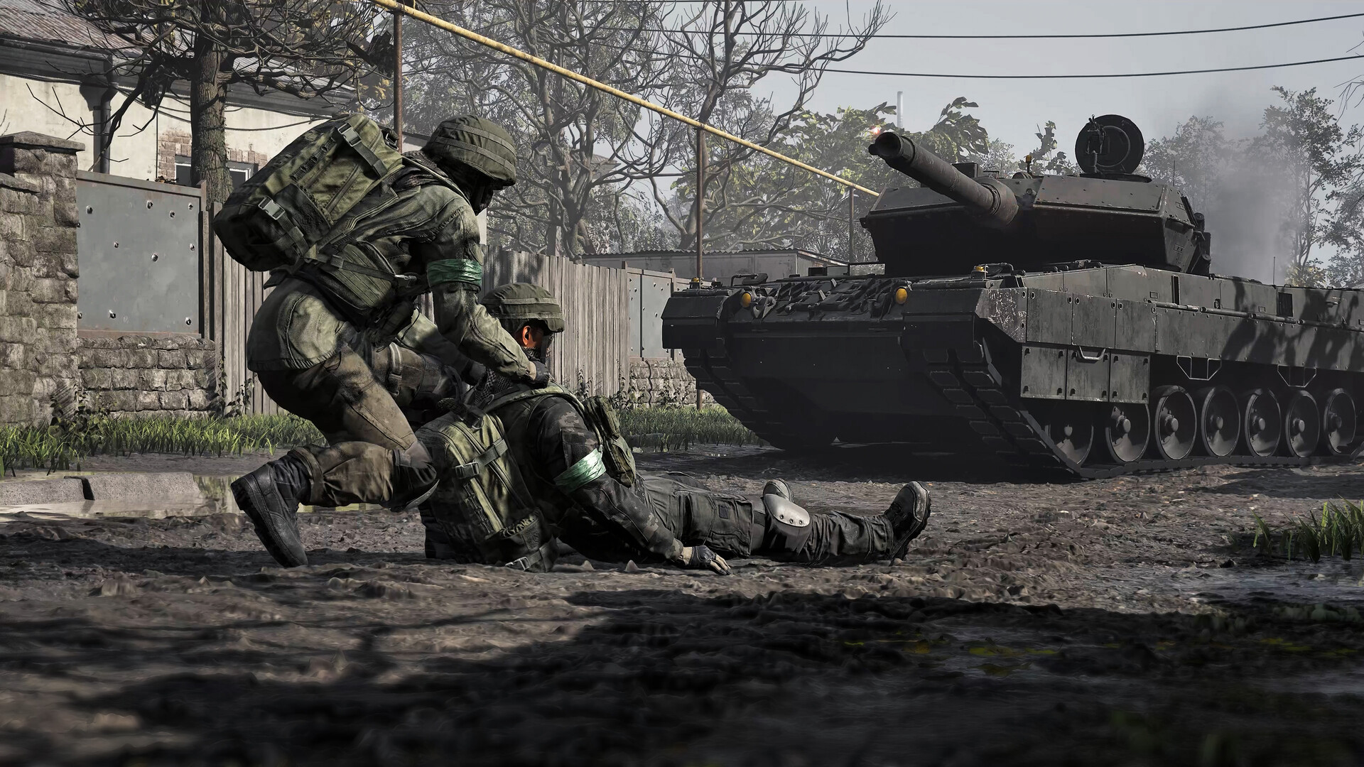 Official WARDOGS Steam still — operator pulling a downed teammate beside a main battle tank on a muddy road