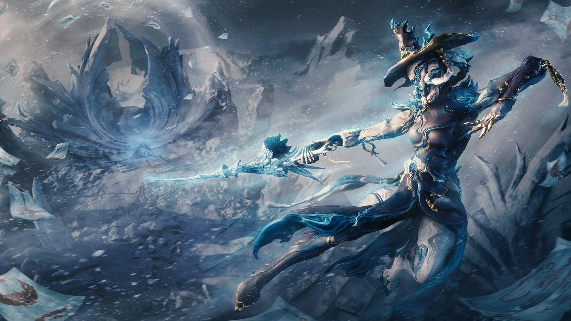 Official Warframe Iceblade of Narin key art — Narin lunging with ice rapier before the frozen crest at Yuvan Peak