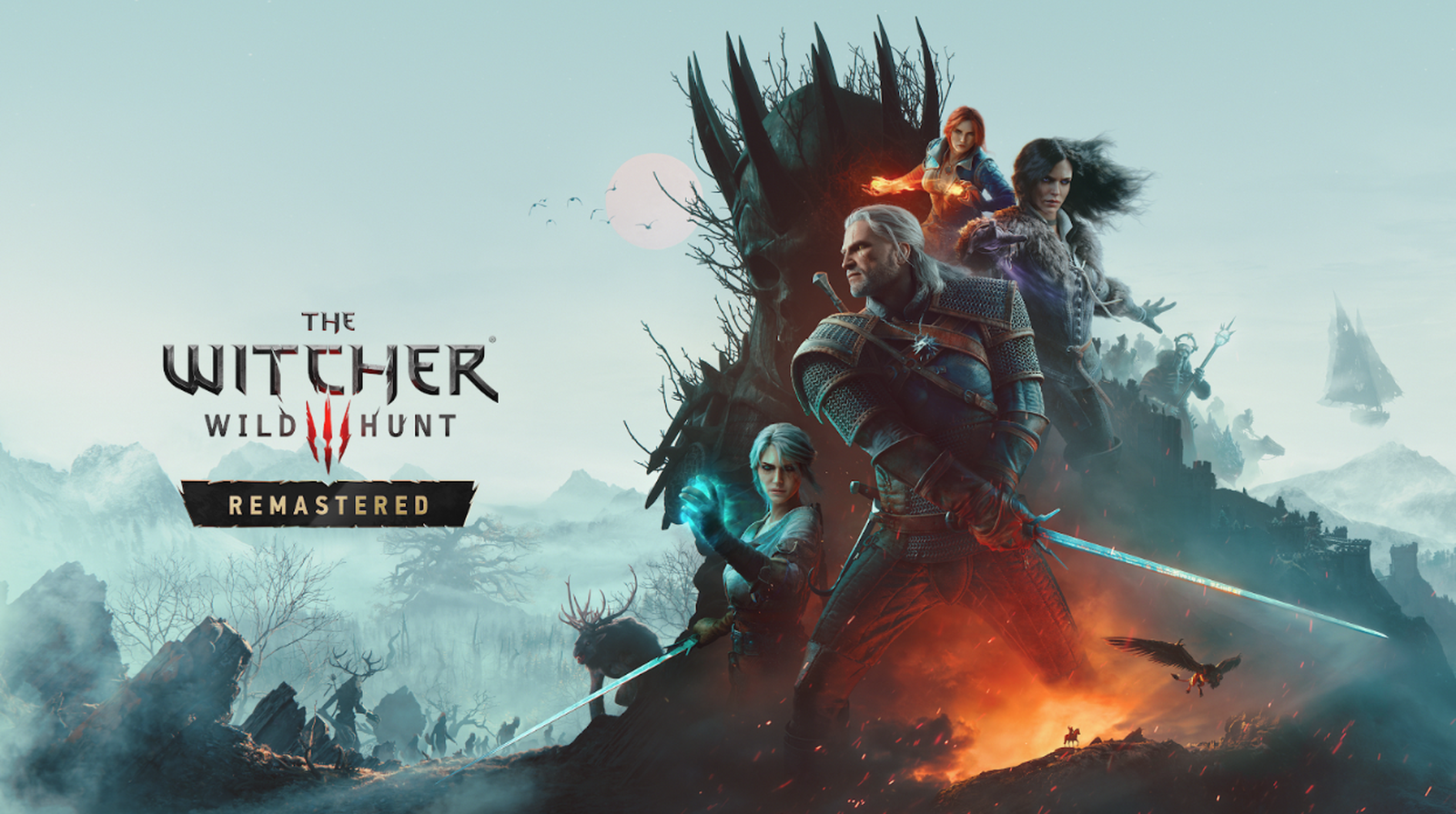 Official The Witcher 3: Wild Hunt — Remastered key art — Geralt, Ciri, Yennefer, and Triss against the Wild Hunt silhouette with a Remastered banner