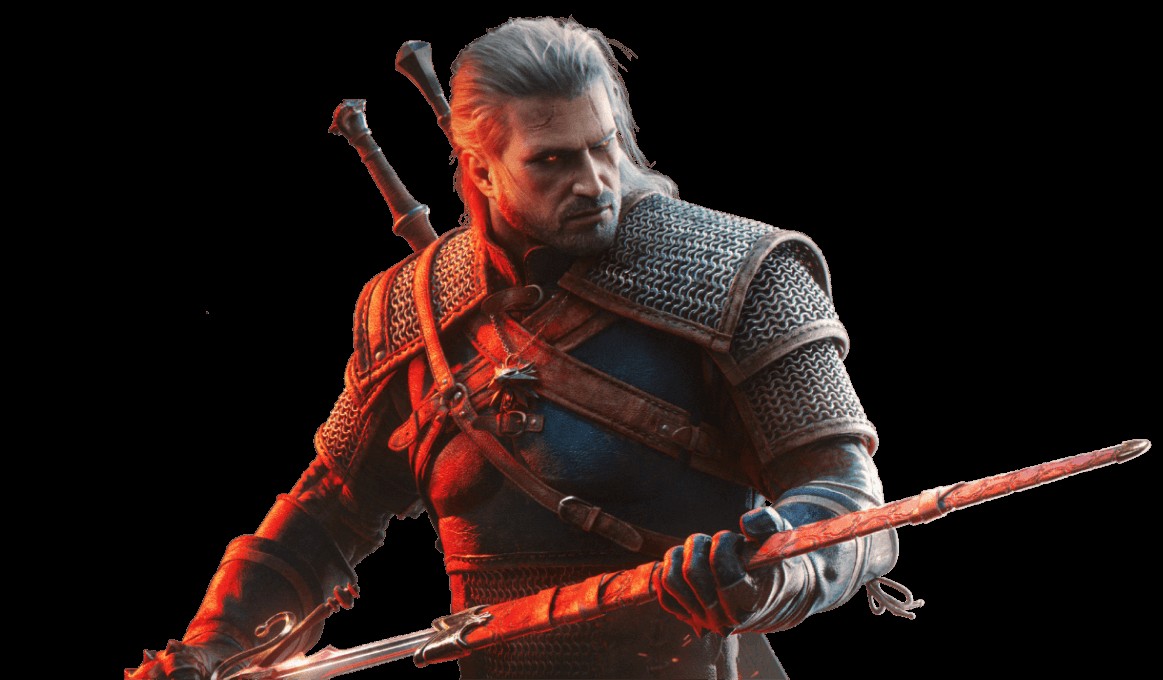 Official Songs of the Past still — Geralt of Rivia in dark armor holding a glowing chain weapon