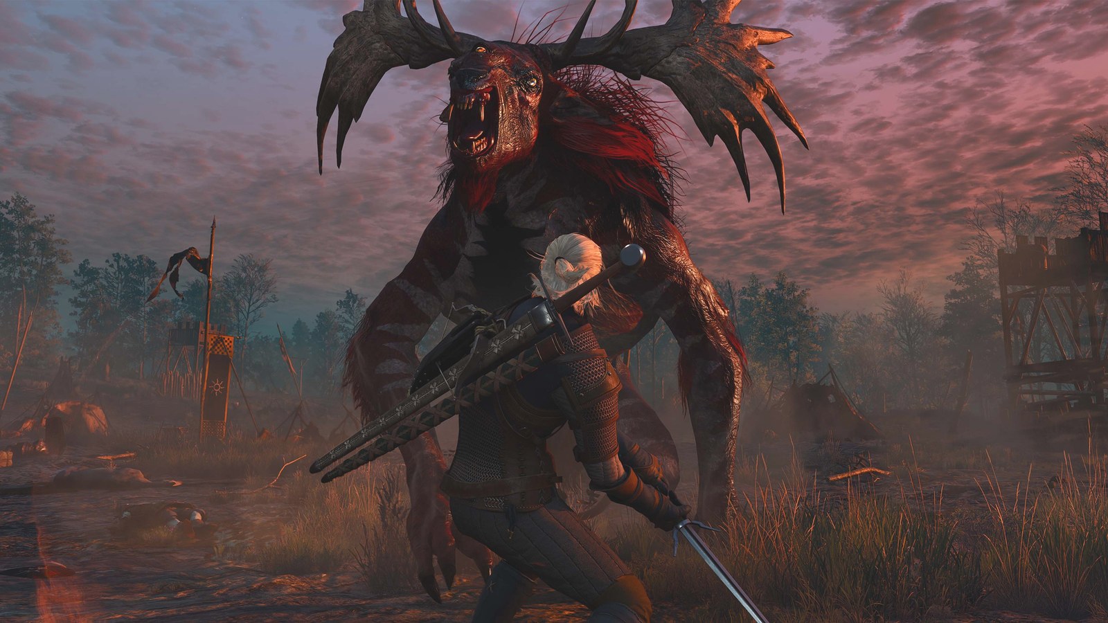 Official The Witcher 3 Remastered combat still — Geralt facing a roaring antlered fiend at sunset in a misty marsh