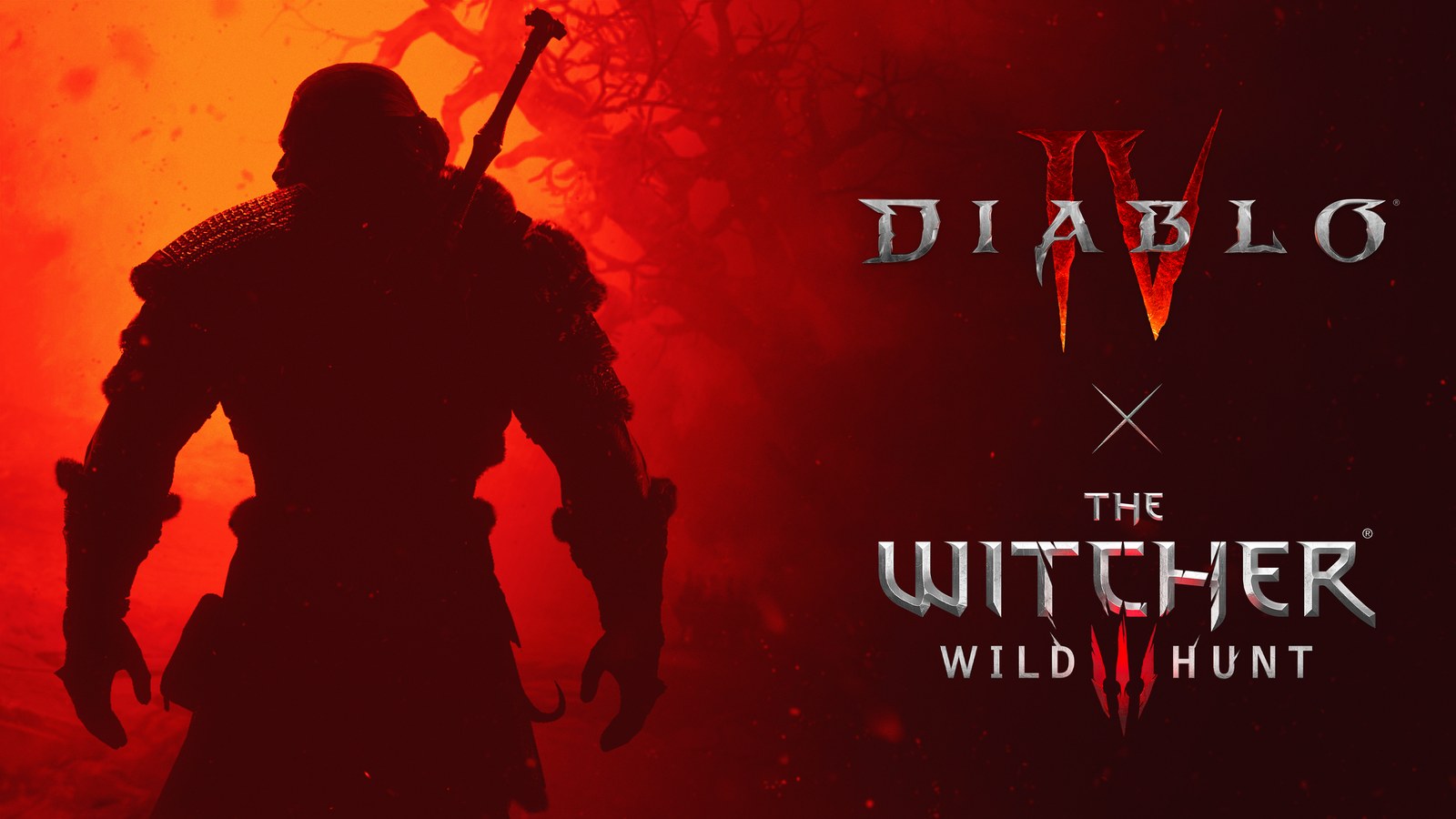 Official CDPR–Blizzard partnership still — Geralt silhouette against a Diablo-like inferno beside Diablo IV and Witcher 3 logos